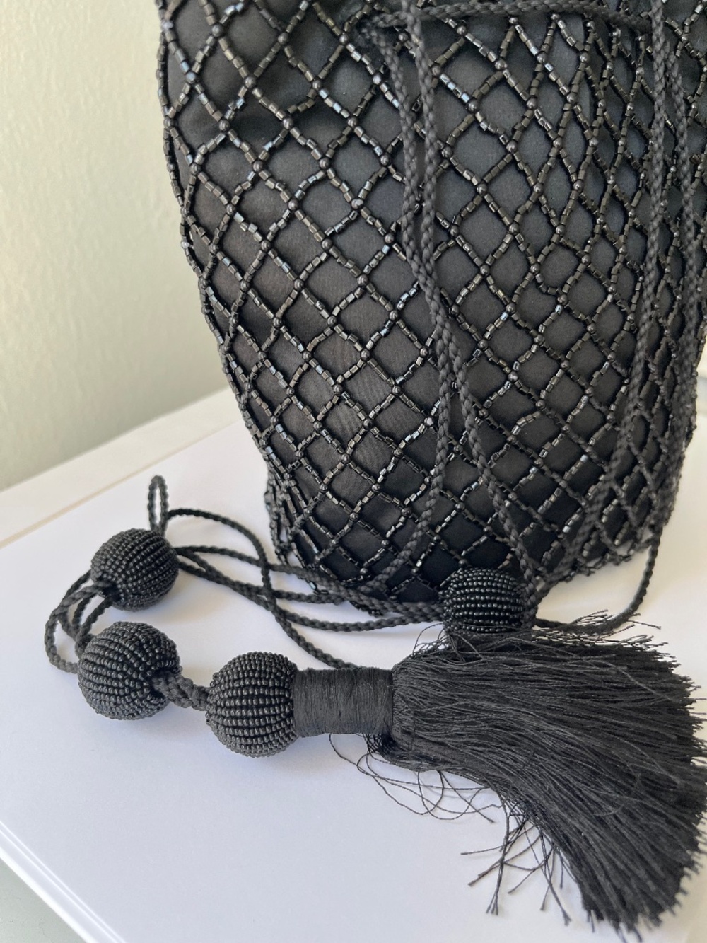 Vintage Black Beaded Evening Bag with Tassel Strap size 5,3x5,0 in - Picture 4 of 8